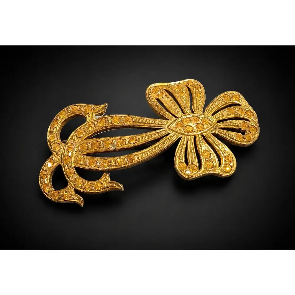 Antique‎ Gold-tone Amber Rhinestone Large Brooch Pin C Hook Victorian fb1-74